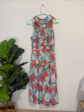 Large Floral Tiered sleeveless collared Midi Dress with Coral Hibiscus Print
